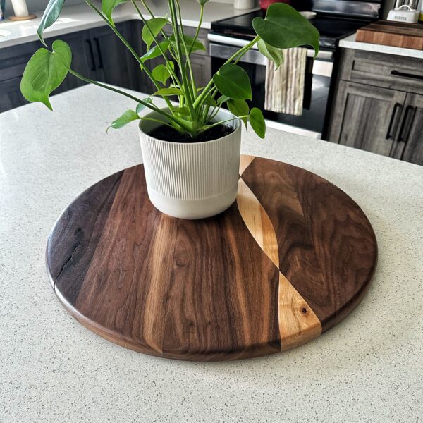 Walnut and maple lazy Susan with wave pattern